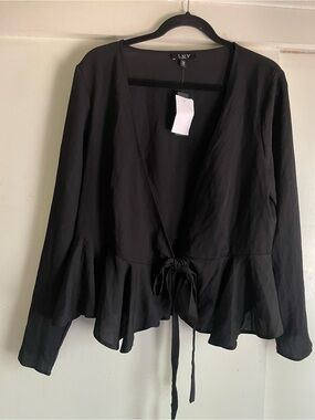 L.N.V Large Black Tie-Front Ruffle Hem Women's Top